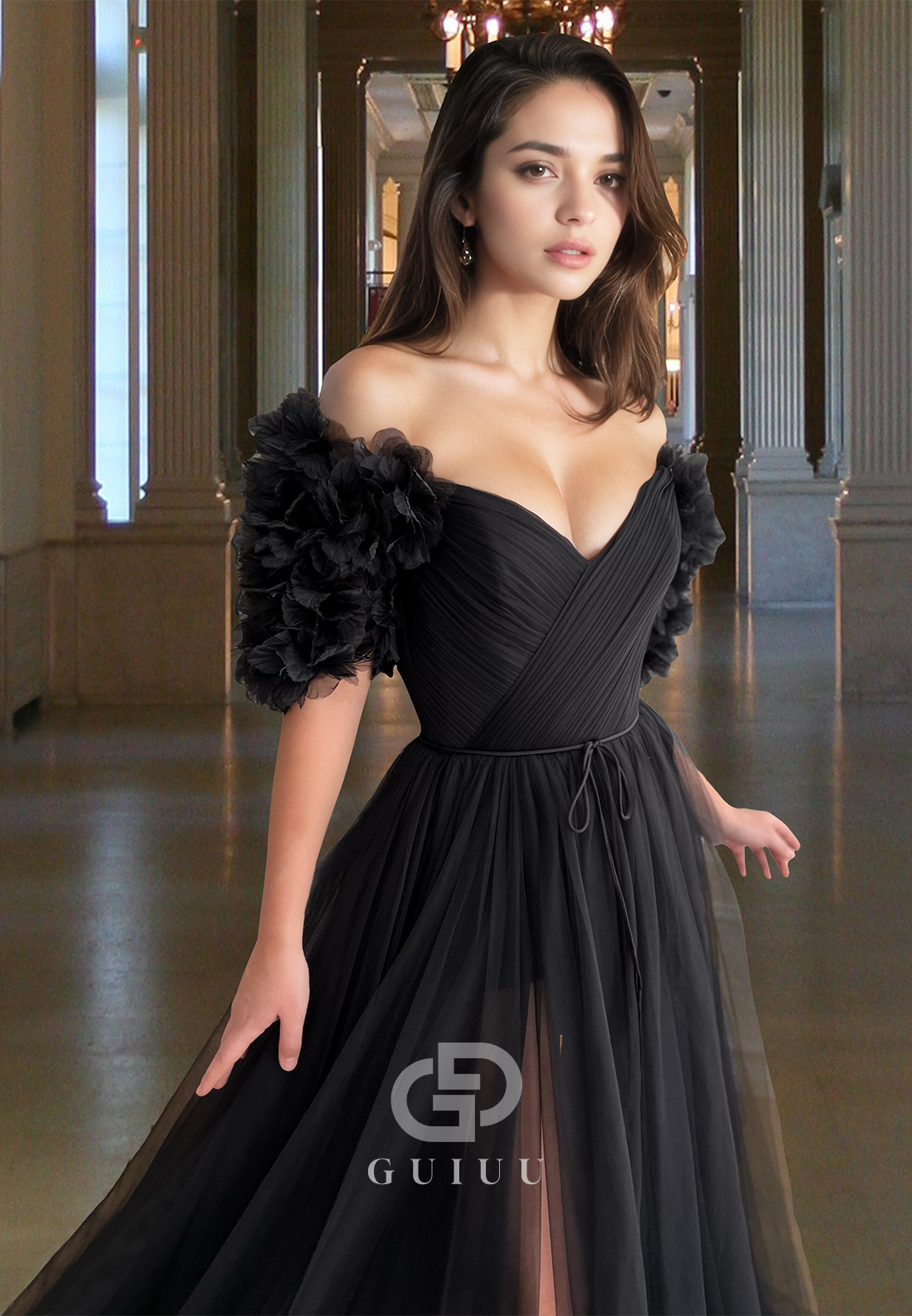 Black A-Line Short Sleeves Off-Shoulder Prom Dress with Slit Empire-Waist Evening Party Dress