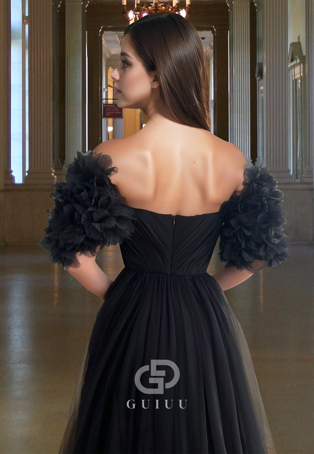 Black A-Line Short Sleeves Off-Shoulder Prom Dress with Slit Empire-Waist Evening Party Dress