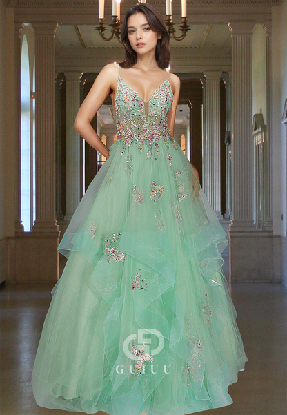 Mint Green Spaghetti Straps V-Neck with Appliques Corset Tulle Backless Evening Party Dress