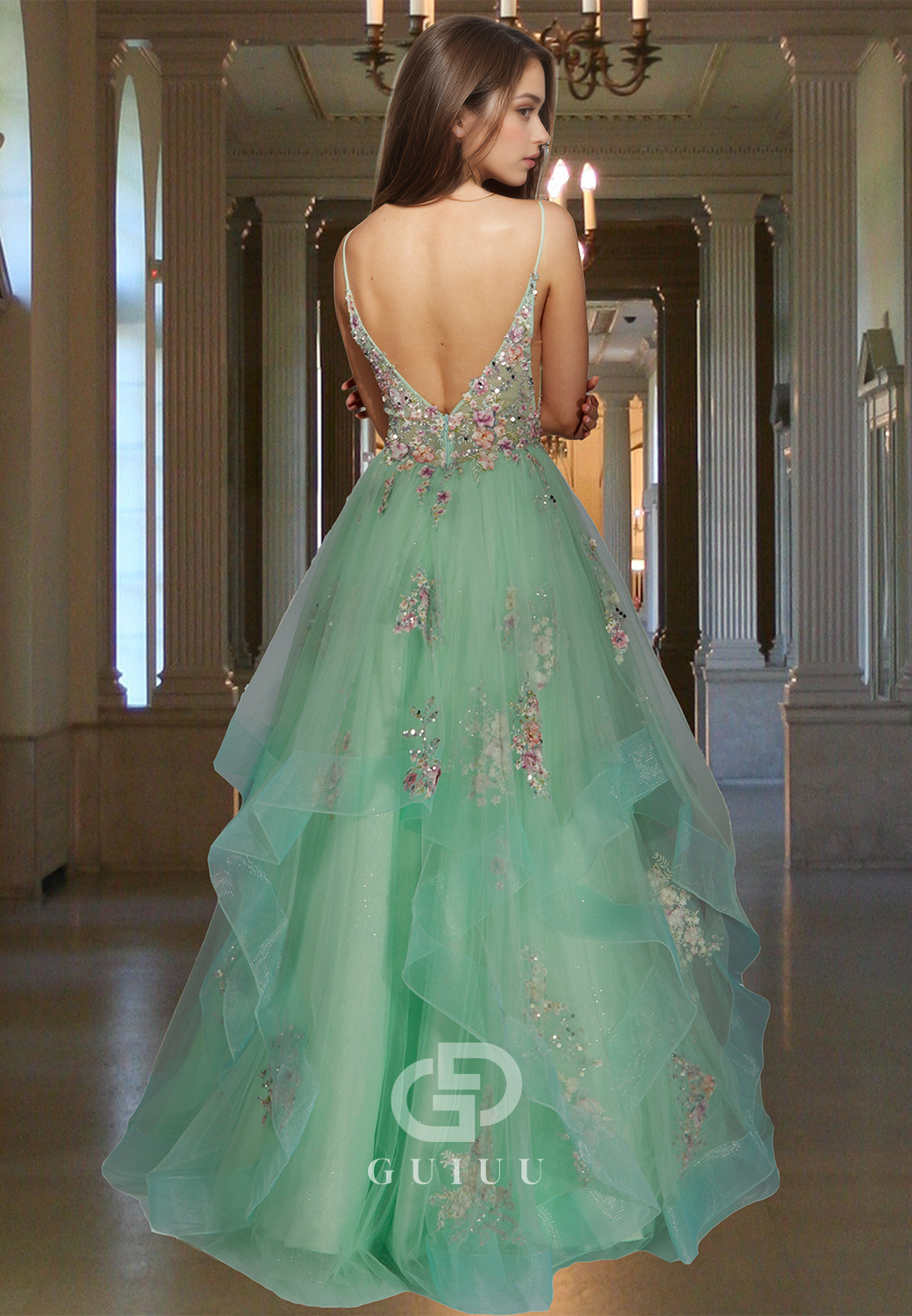 Mint Green Spaghetti Straps V-Neck with Appliques Corset Tulle Backless Evening Party Dress