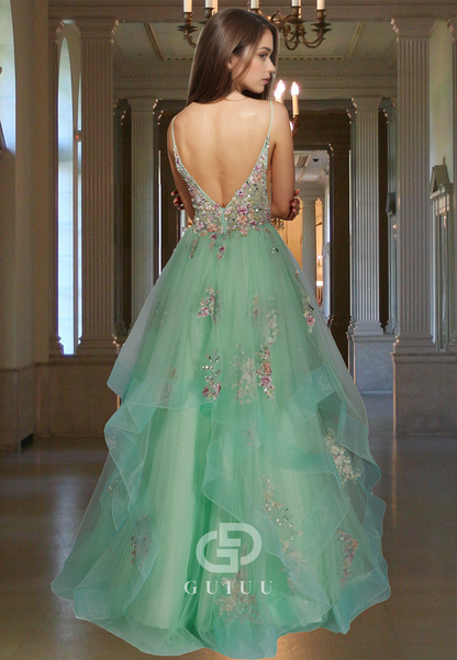 Mint Green Spaghetti Straps V-Neck with Appliques Corset Tulle Backless Evening Party Dress