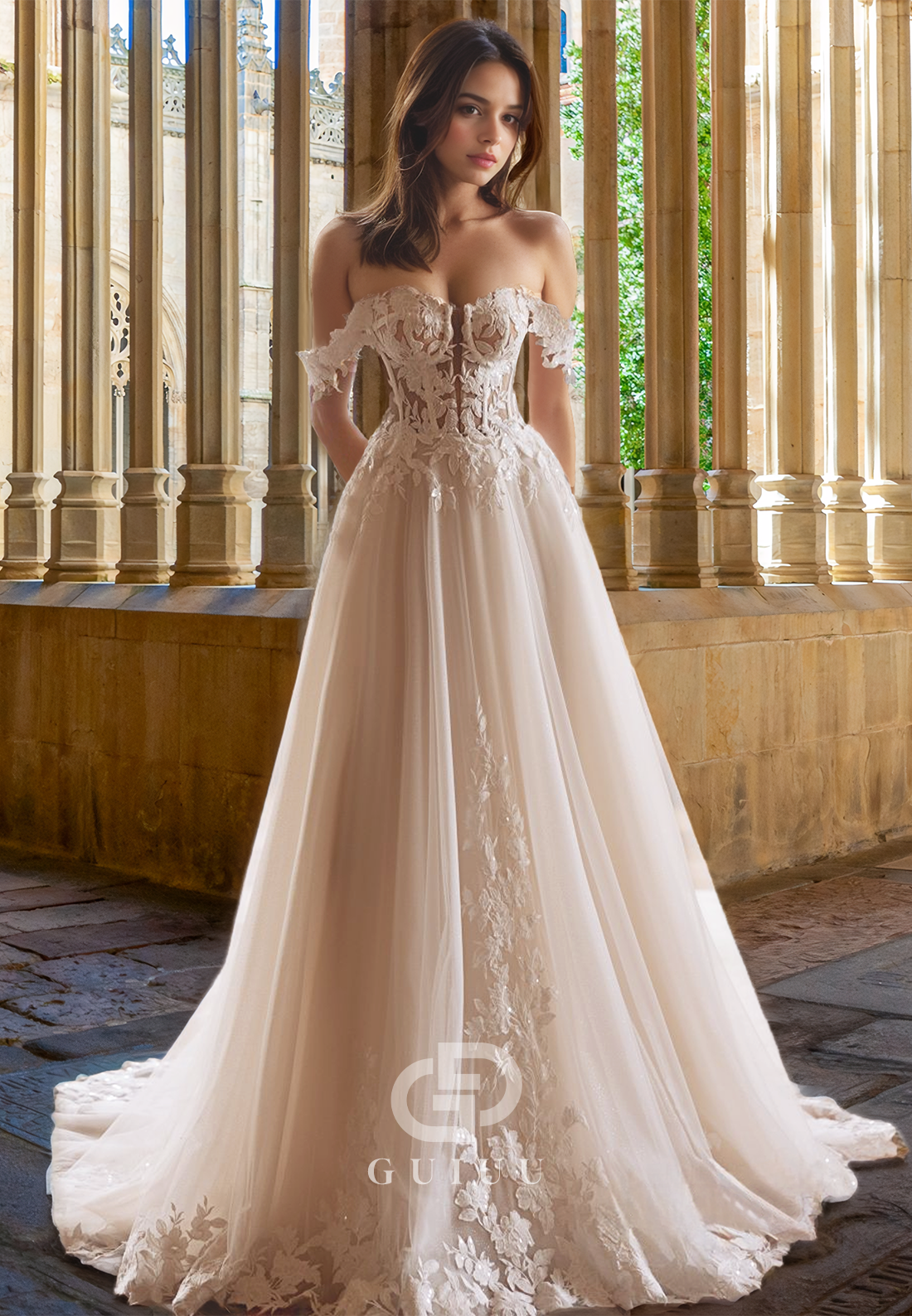Elegant Off-Shoulder Cap Sleeves Corset Tulle Floral Appliques Lace Wedding Dress