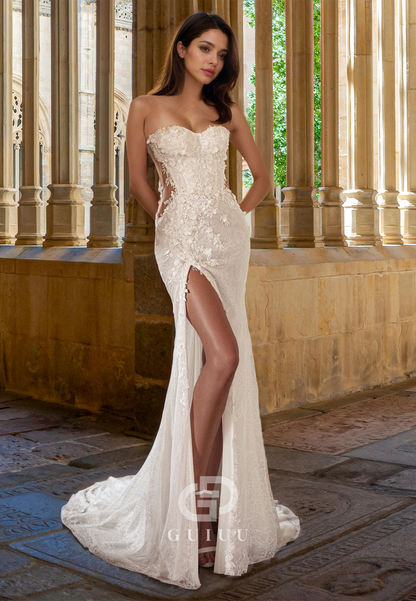 Charming Off-Shoulder Corset Tulle Floral Appliques Slit Floor-Length Lace Wedding Dress