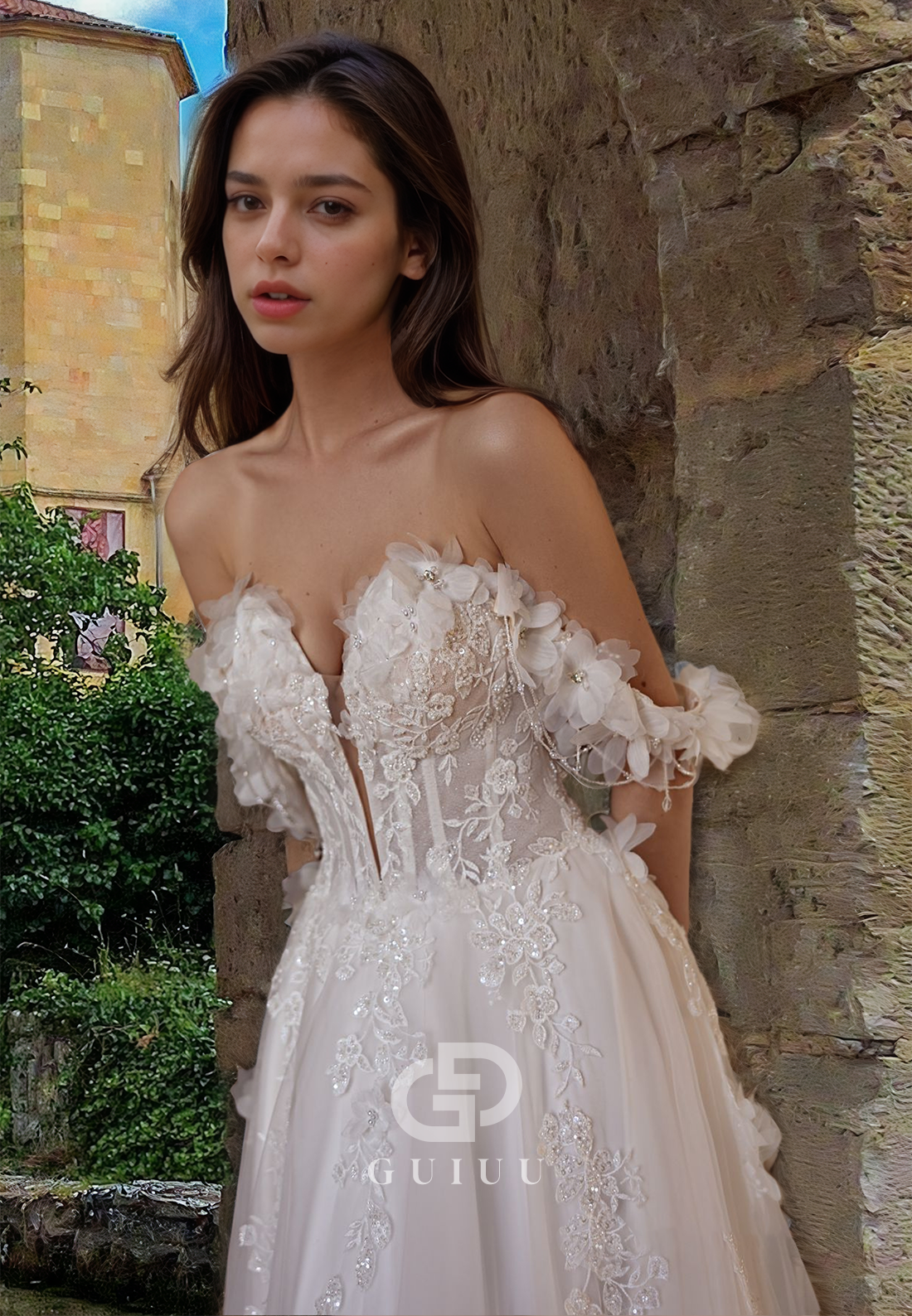 Elegant A-Line Cap Sleeves Off-Shoulder Floral Appliques Corset Lace Wedding Dress