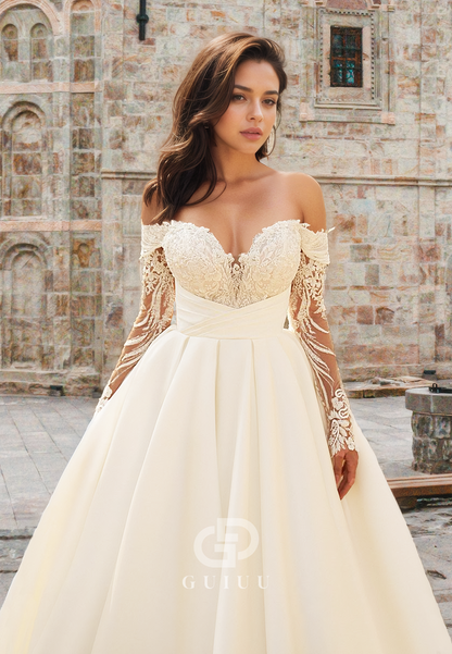 Chic A-Line Lace Long Sleeves Off-Shoulder Empire-Waist Satin Wedding Dress