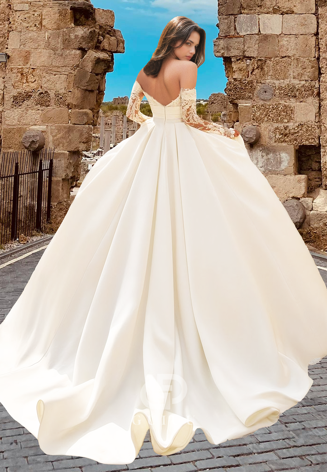 Chic A-Line Lace Long Sleeves Off-Shoulder Empire-Waist Satin Wedding Dress