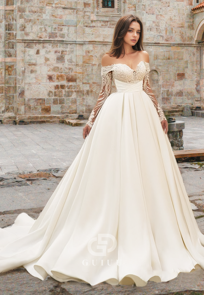 Chic A-Line Lace Long Sleeves Off-Shoulder Empire-Waist Satin Wedding Dress