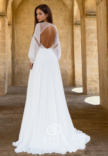 Simple Scoop Long Sleeves Illusion Corset Backless Empire-Waist Boho Wedding Dress