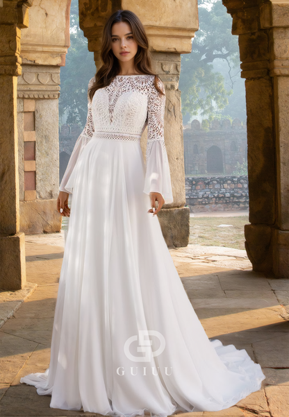 A-Line Scoop Long Sleeves Backless Empire-Waist Sweep Train Boho Wedding Dress