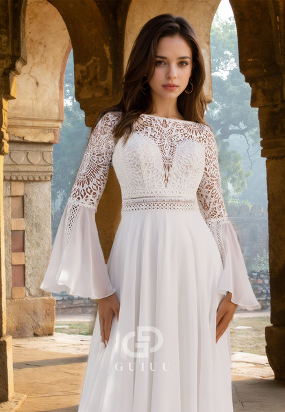 A-Line Scoop Long Sleeves Backless Empire-Waist Sweep Train Boho Wedding Dress