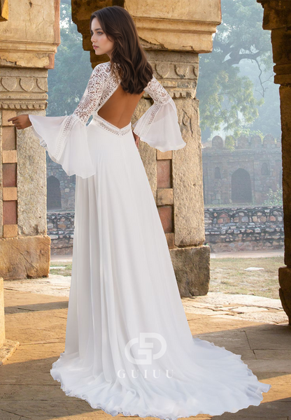 A-Line Scoop Long Sleeves Backless Empire-Waist Sweep Train Boho Wedding Dress