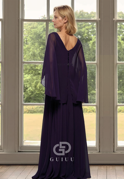 Simple A-Line Cap Sleeves V-Neck Empire-Waist Floor-Length Chiffon Mother of the Bride Dress