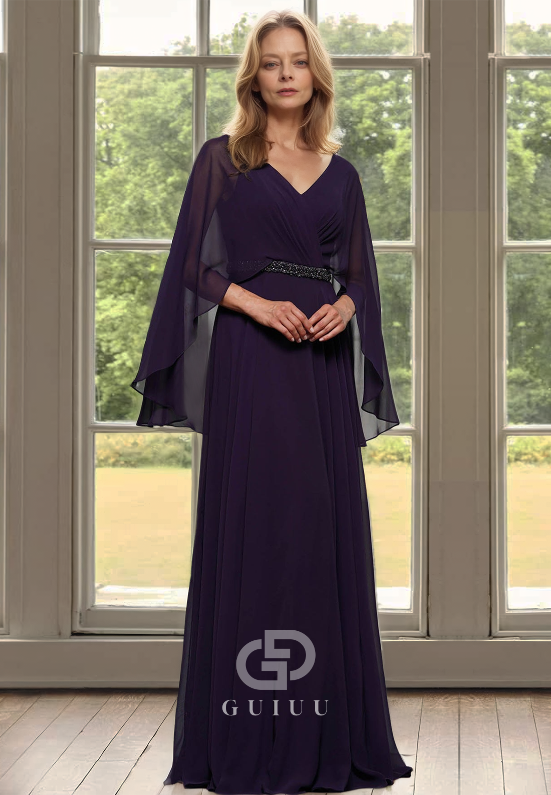 Simple A-Line Cap Sleeves V-Neck Empire-Waist Floor-Length Chiffon Mother of the Bride Dress