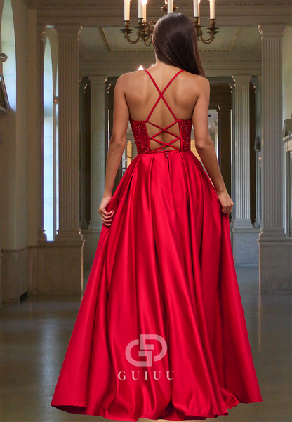 Red Spaghetti Straps Sweetheart Prom Dress with Sequins Lace-Up Back Evening Party Dress