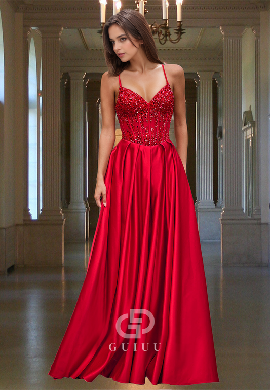 Red Spaghetti Straps Sweetheart Prom Dress with Sequins Lace-Up Back Evening Party Dress