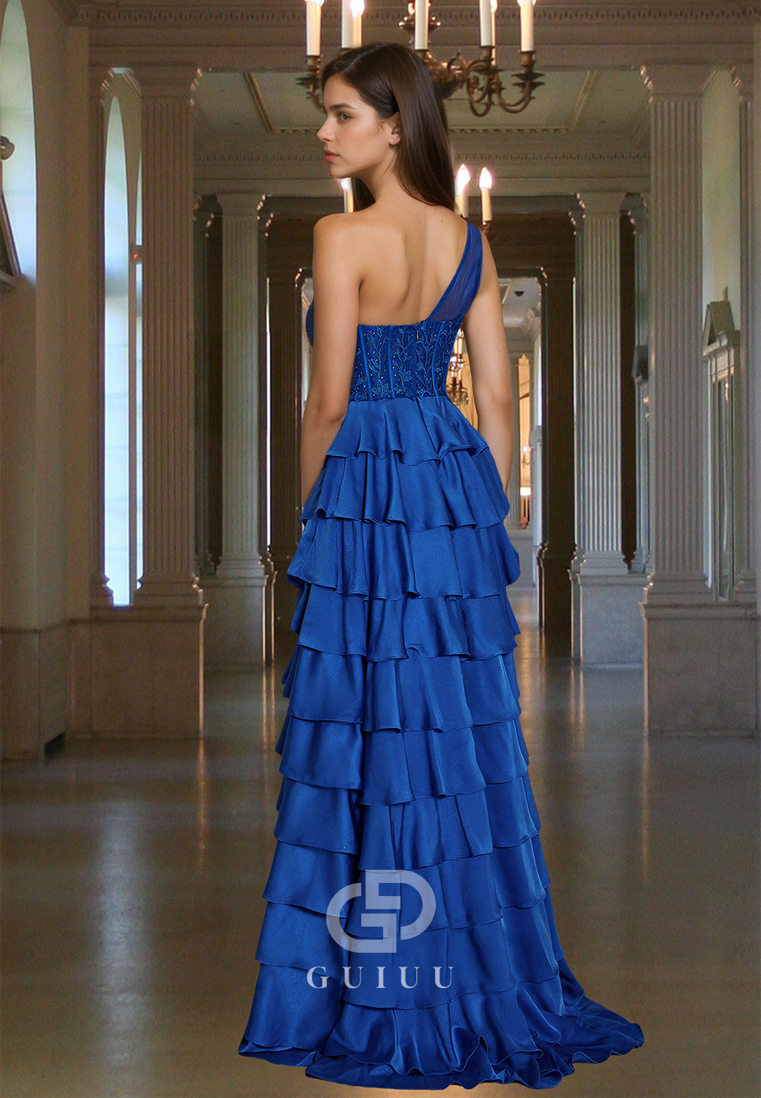 Royal Blue One Shoulder Sleeveless Prom Dress with Slit Ruffles Evening Party Dress