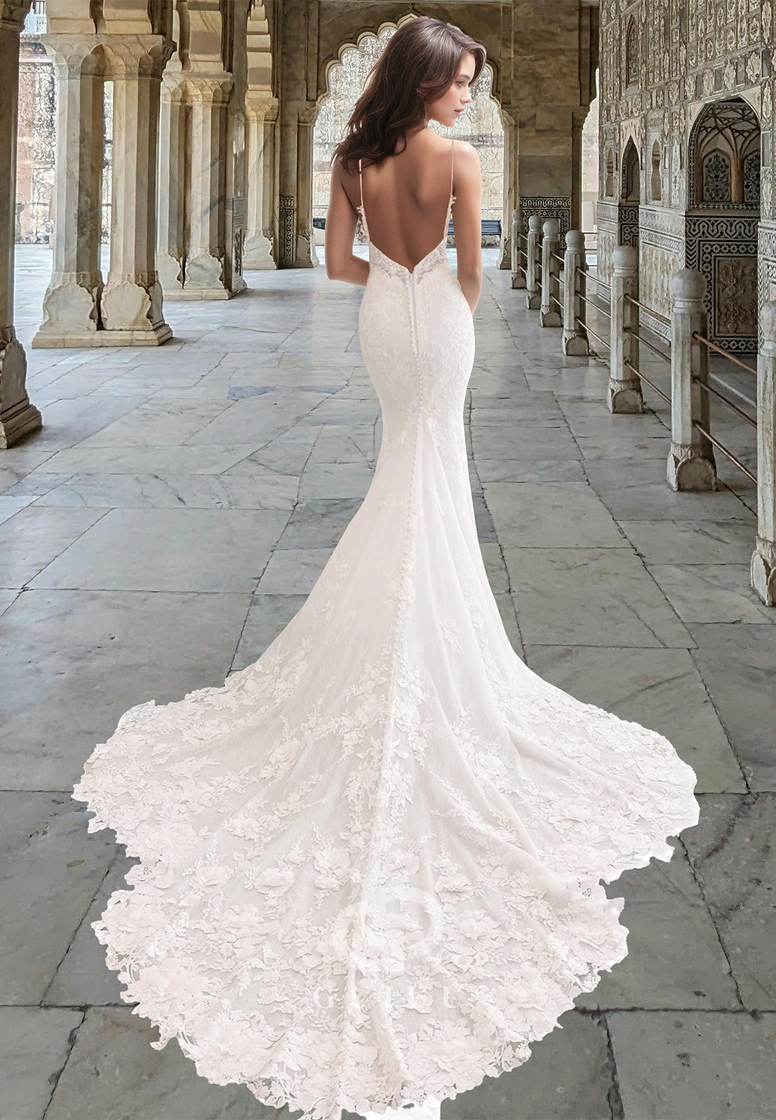 Gorgeous V-Neck Spaghetti Straps Lace Appliques Mermaid Wedding Dress