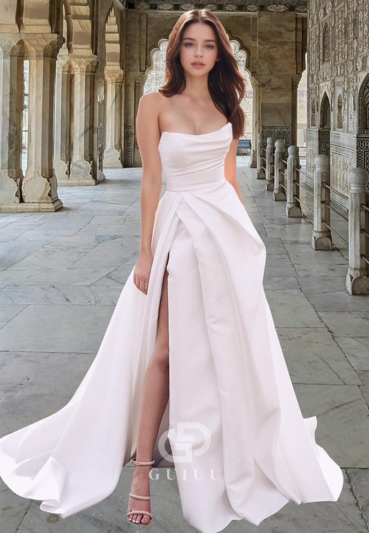 Simple A-Line Strapless Sleeveless Pleated Empire-Waist Satin Wedding Dress