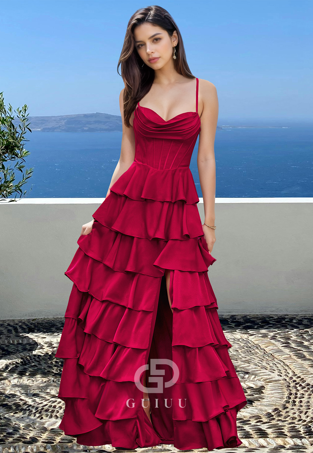 A-Line Spaghetti Straps Sweetheart Prom Dress with Ruffles Empire-Waist Evening Party Dress