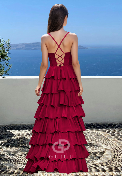 A-Line Spaghetti Straps Sweetheart Prom Dress with Ruffles Empire-Waist Evening Party Dress