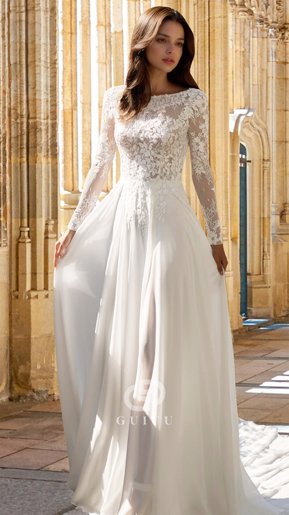 Scoop A-Line Long Sleeves Floral Appliques Corset Tulle Lace Wedding Dress