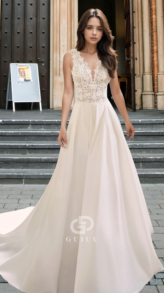 V-Neck Sleeveless Appliques Pleated Court Train Satin Wedding Dress