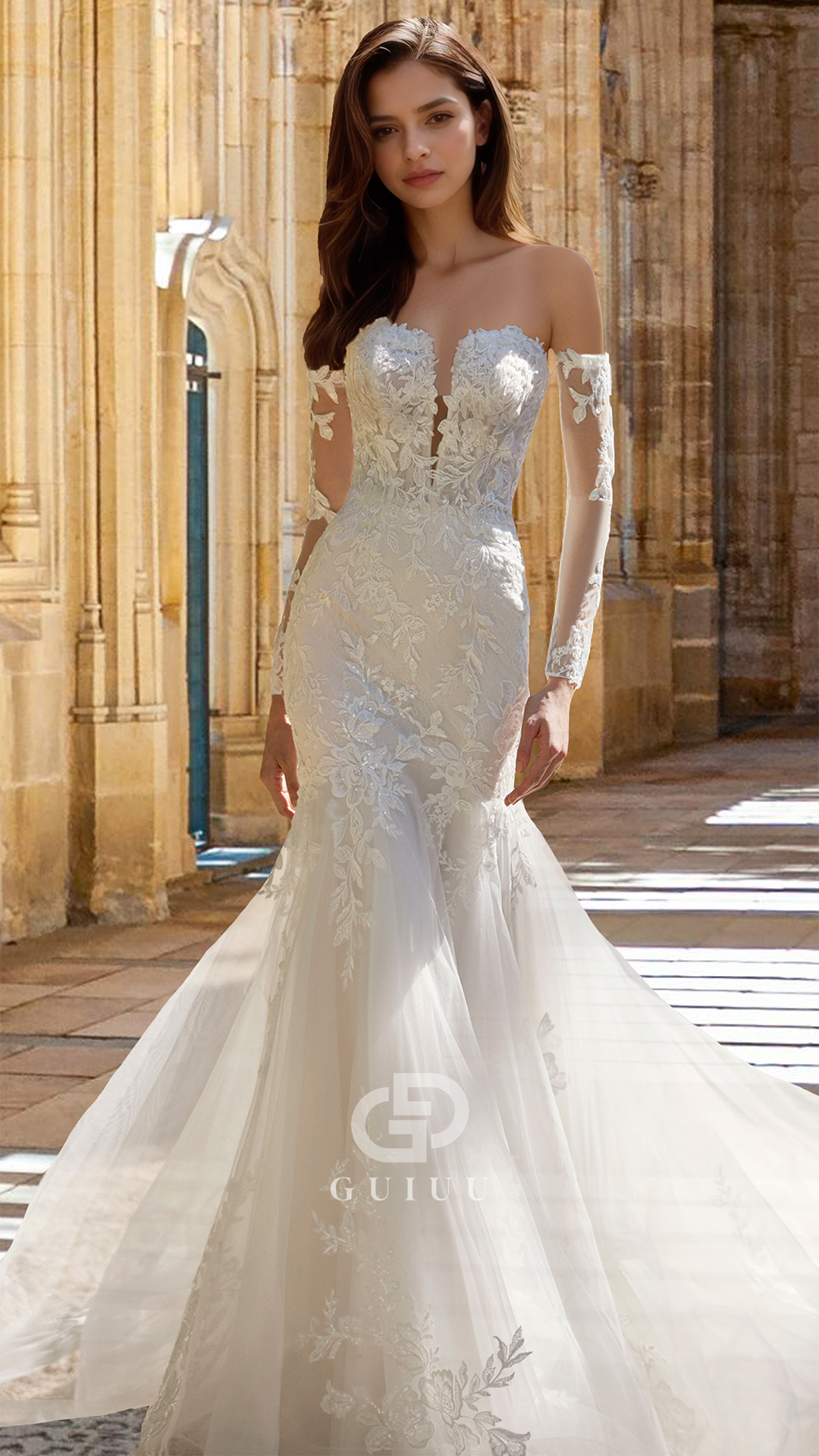 Off-Shoulder Long Sleeves Lace Appliques Mermaid Wedding Dress