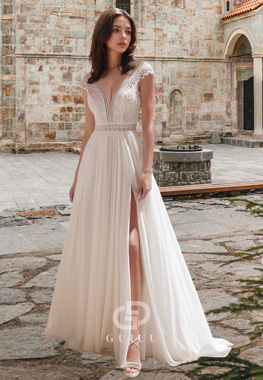 Simple A-Line Cap Sleeves V-Neck Empire-Waist Slit Backless Boho Wedding Dress