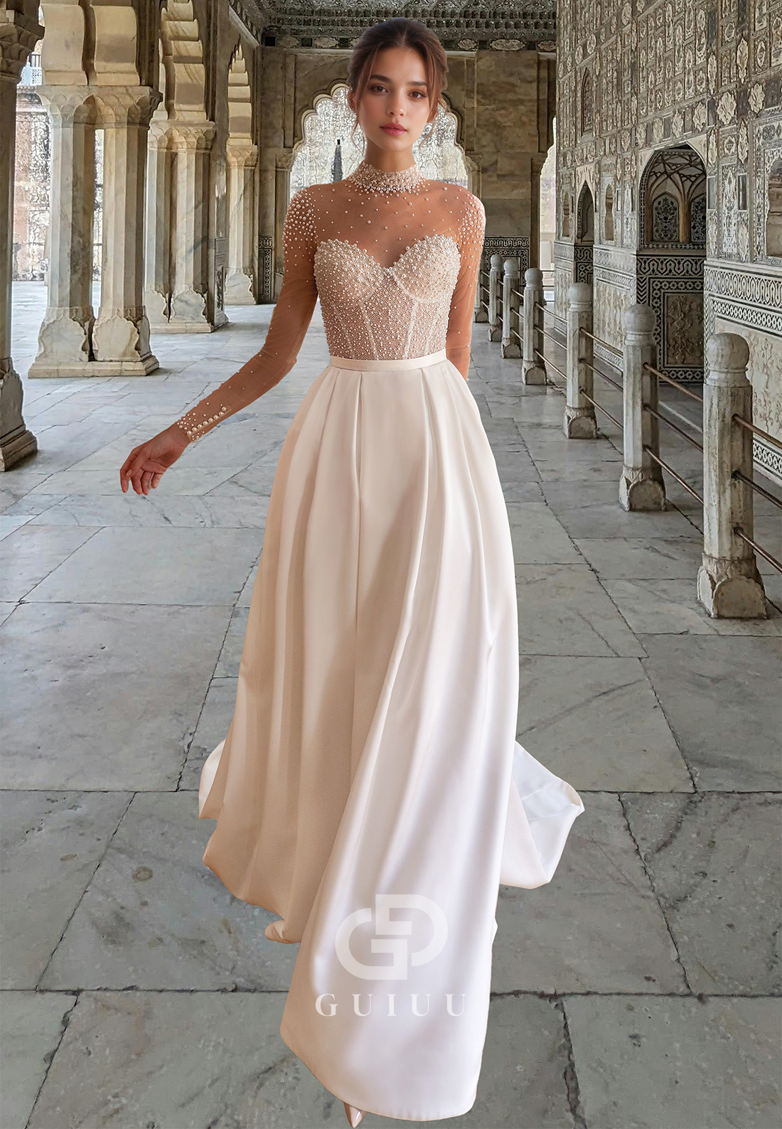 High Neck Long Sleeves Pearls Corset Tulle Empire-Waist Floor-Length Satin Wedding Dress