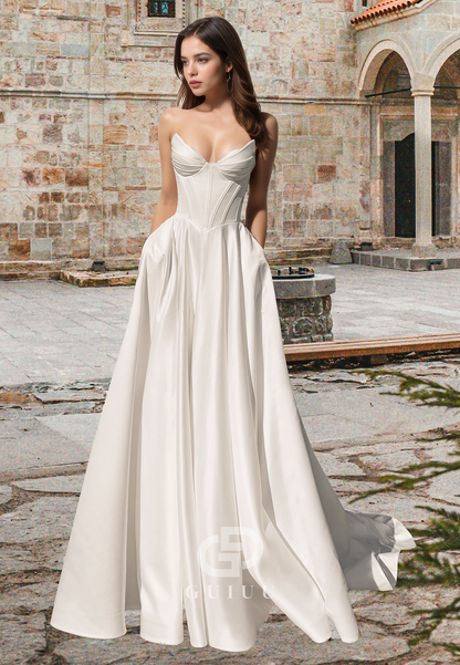 Simple Sleeveless Strapless A-Line Corset Empire-Waist Satin Wedding Dress