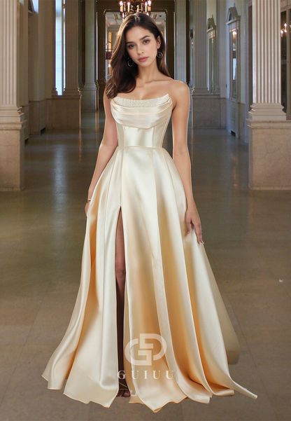 Elegant Strapless Sleeveless Prom Dress with Side Slit Evening Party Dress