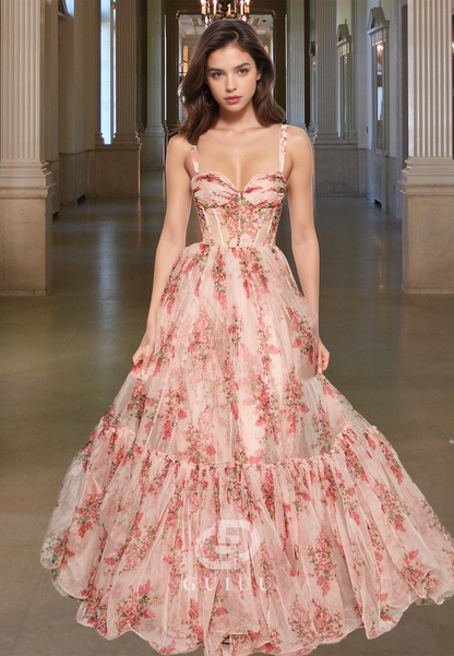 A-Line Spaghetti Straps Sweetheart Floral Chiffon Prom Party Dress