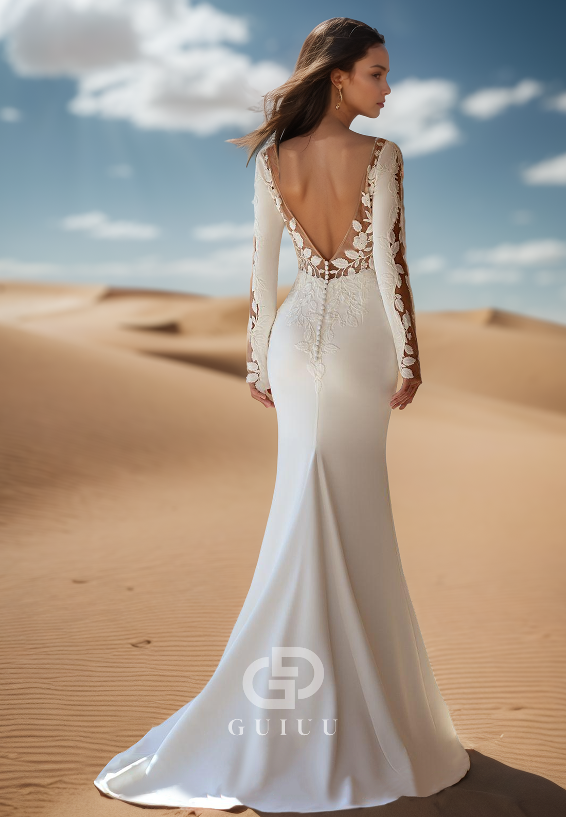 Mermaid Long Sleeves V-Neck Backless Appliques Satin Wedding Dress