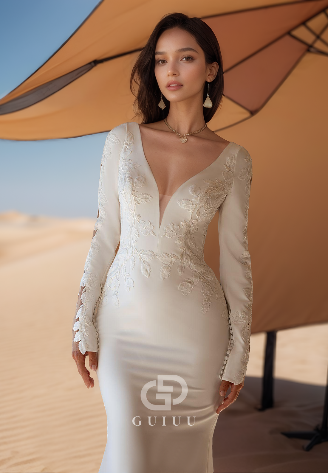 Mermaid Long Sleeves V-Neck Backless Appliques Satin Wedding Dress