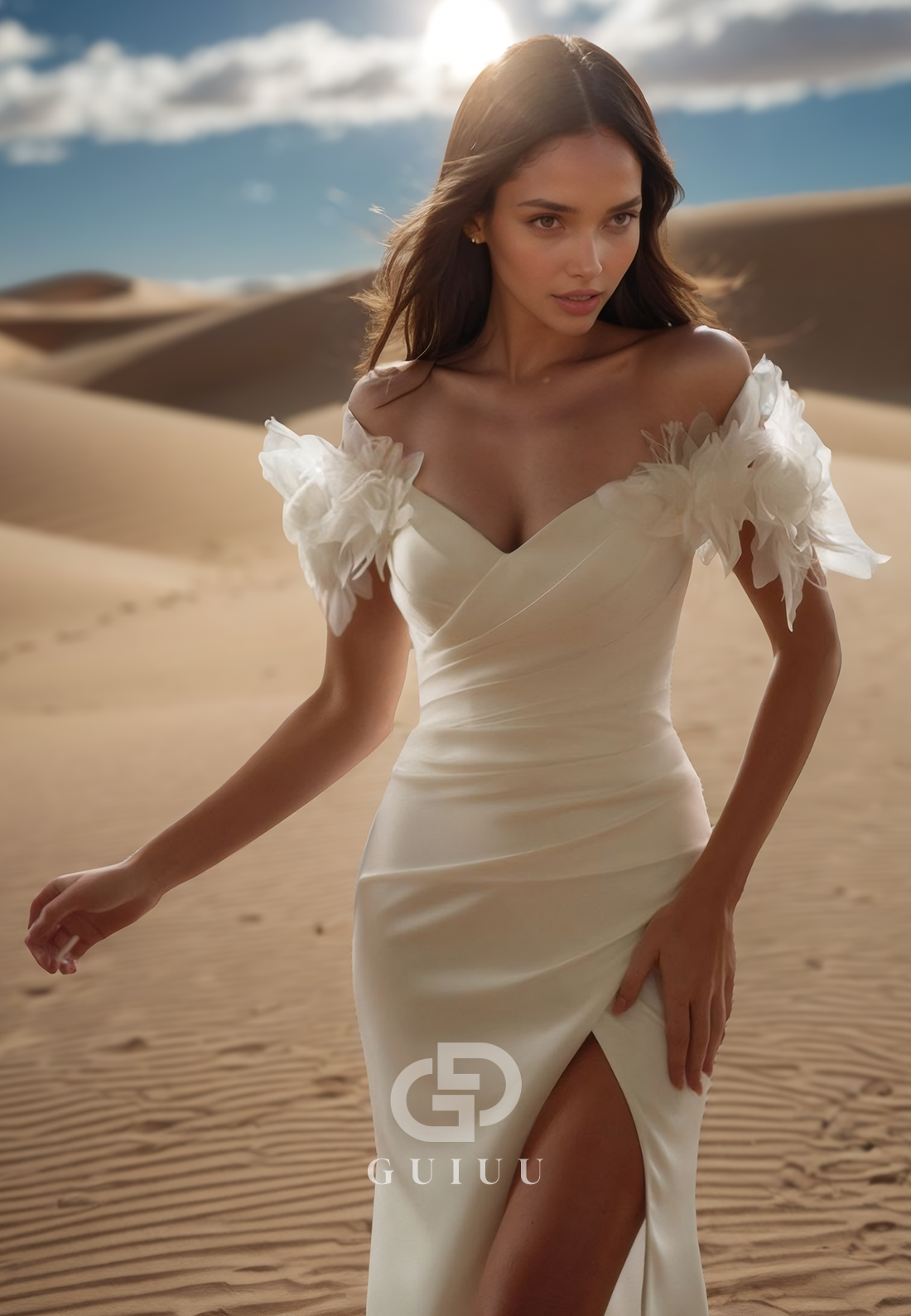 Sheath Cap Sleeves Sweetheart High Slit Sweep Train Satin Wedding Dress