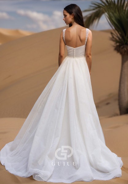 Spaghetti Straps Square Ruched Side Slit Satin Wedding Dress