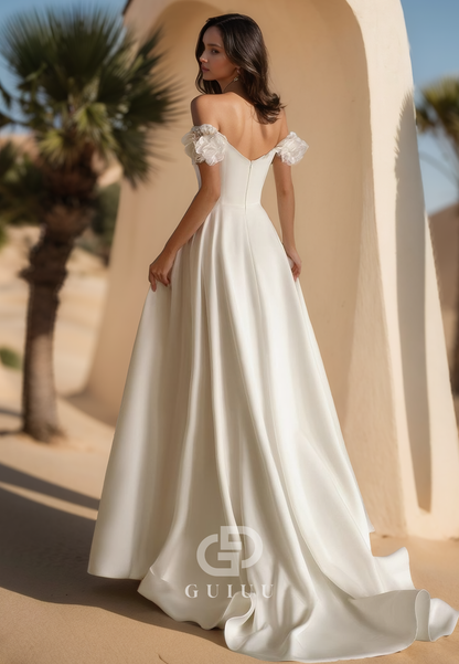 Elegant A-Line Short Sleeves Sweetheart Corset Satin Wedding Dress