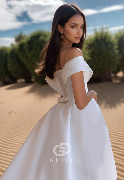 Simples A-Line Cap Sleeves Empire-Waist Slit Satin Wedding Dress