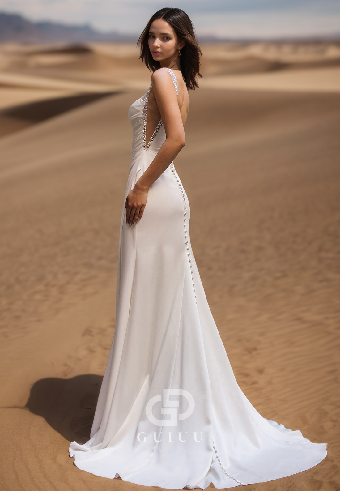 Spaghetti Straps Square Ruched Side Slit Satin Wedding Dress