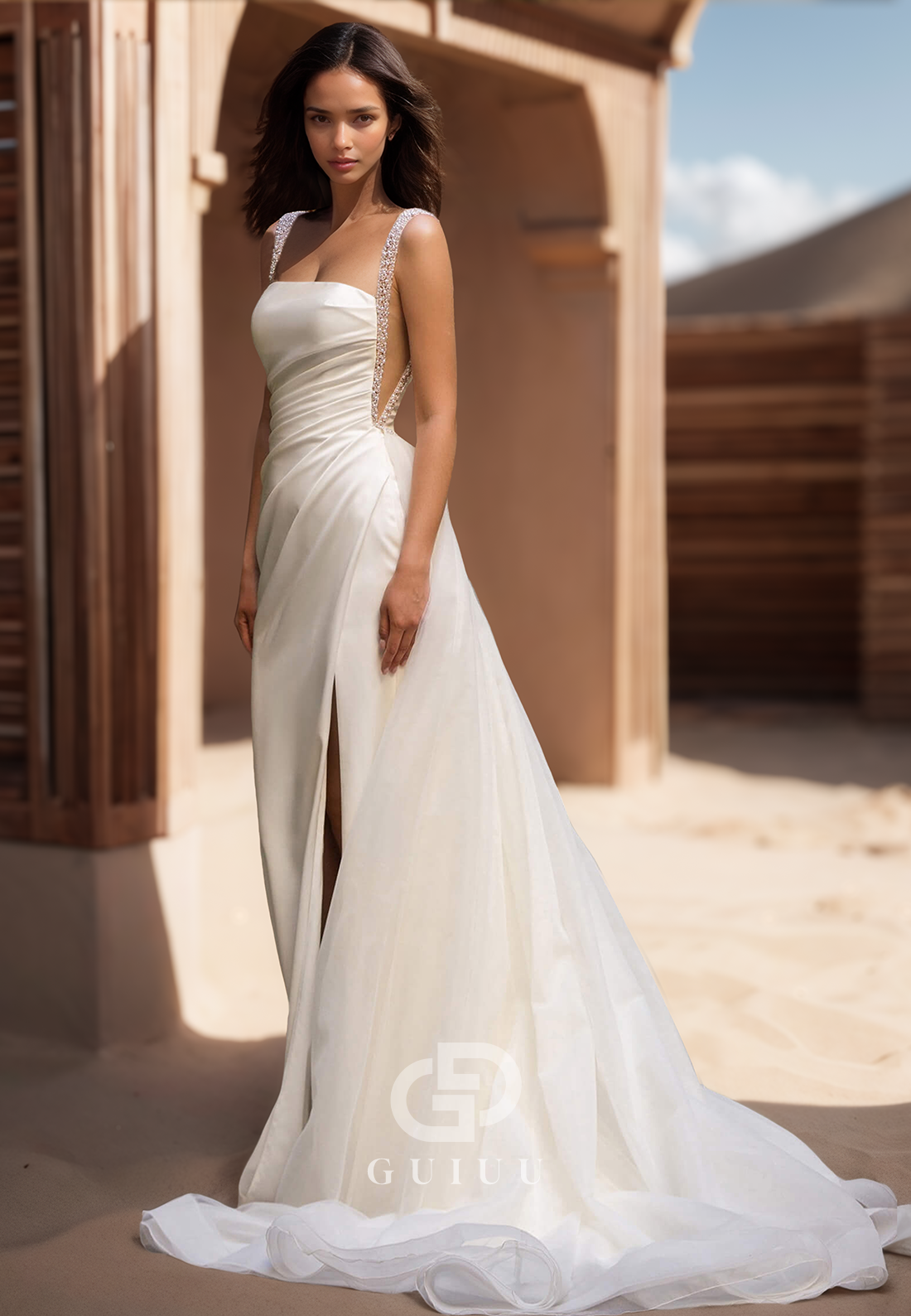 Spaghetti Straps Square Ruched Side Slit Satin Wedding Dress