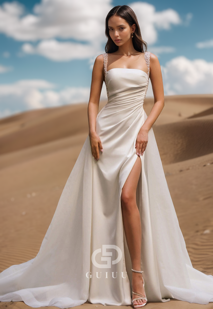 Spaghetti Straps Square Ruched Side Slit Satin Wedding Dress