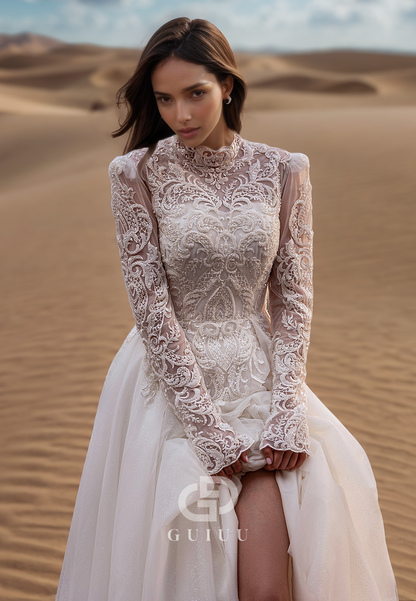 A-Line Long Sleeves High Neck Empire-Waist Lace Wedding Dress