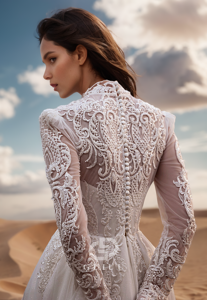 A-Line Long Sleeves High Neck Empire-Waist Lace Wedding Dress