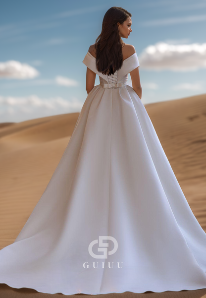 Simples A-Line Cap Sleeves Empire-Waist Slit Satin Wedding Dress