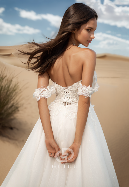 Off-Shoulder Cap Sleevess Side Slit Appliques Boho Wedding Dress