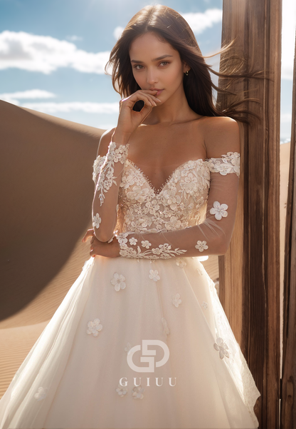 A-Line Long Sleeves Off-Shoulder Floral Appliques Lace Wedding Dress