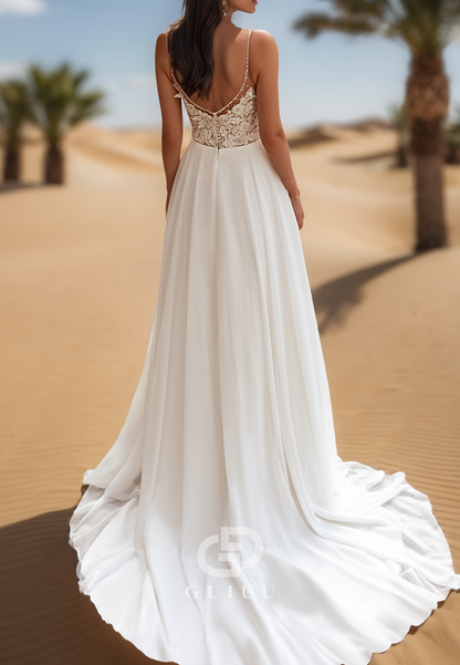 Charming Spaghetti Straps V-Neck Corset Tulle Slit Lace Wedding Dress