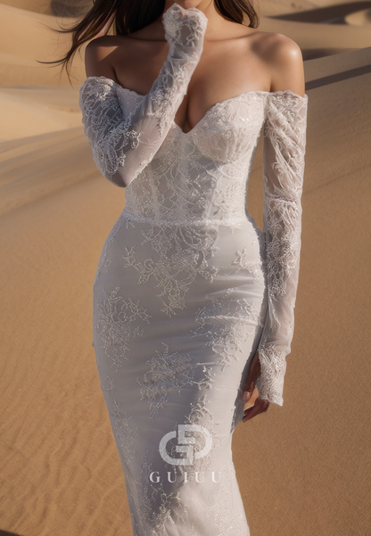 Mermaid Long Sleeves Off-Shoulder Appliques Romantic Wedding Dress