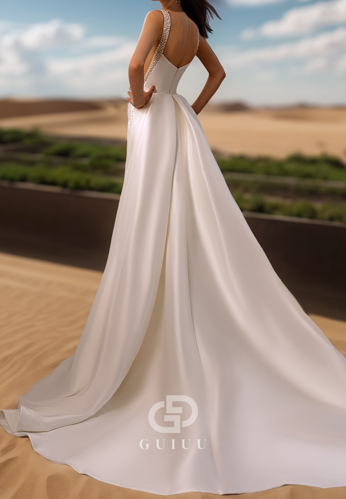 Spaghetti Straps Square Ruched Sweep Train Satin Wedding Dress