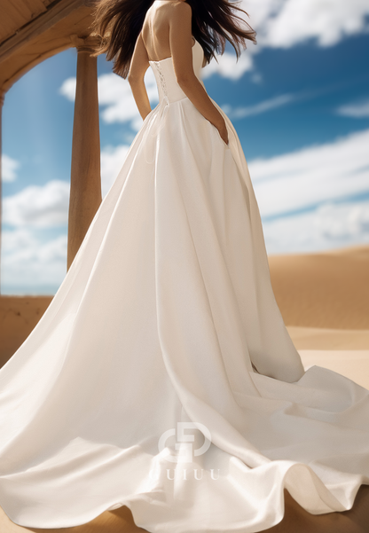 Simple A-Line Sleeveless Strapless Slit Sweep Train Satin Wedding Dress